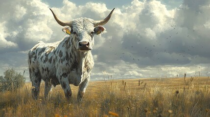 Wall Mural - White Cow in a Field with Birds Flying Overhead