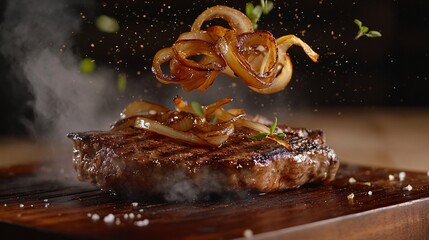 A juicy steak with caramelized onions and thyme on a wooden board.