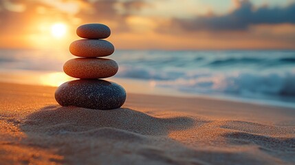 Wall Mural - stack of smooth stones on sandy beach