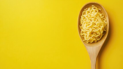 Noodles on wooden spoon against yellow background