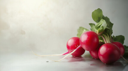 Wall Mural - Fresh Radishes on a Grey Background: A bunch of vibrantly red radishes with their fresh green leaves sit on a grey background, capturing the essence of freshness and vitality.