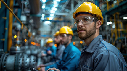 Wall Mural - Worker uniform industrial plant, makes survey, checking equipment against background