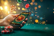 © huntspy - hand holding mobile phone displays online casino game with colorful chips and roulette. scene is vibrant and dynamic, capturing excitement of digital gambling