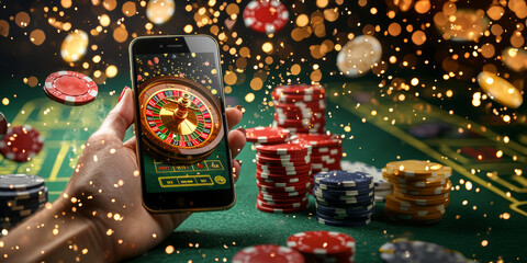 hand holding mobile phone displays online casino game with roulette wheel, surrounded by colorful poker chips and sparkling lights, creating exciting atmosphere