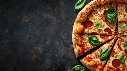 Wall Mural - Tasty pepperoni pizza with basil leaves on dark background