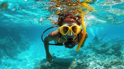 Underwater view scuba diver sunlight breaking through water, diver surrounded deep blue ocean