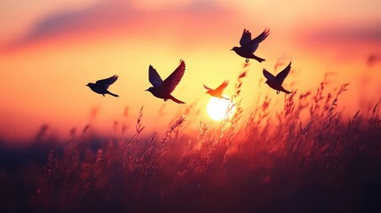 Wall Mural - Tranquil Sunset Silhouette with Flying Birds in Dreamy Atmosphere