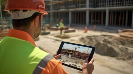 Wall Mural - Generate a photo realistic image of technology integration at a construction site, with drones, digital surveys, BIM models, and construction workers using tablets