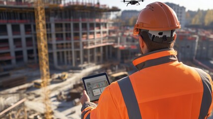Wall Mural - generate a photo realistic image of technology integration at a construction site, with drones, digi