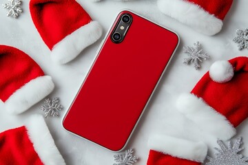 Wall Mural - Flat lay of red smartphone on white background with santa hats and snowflakes.