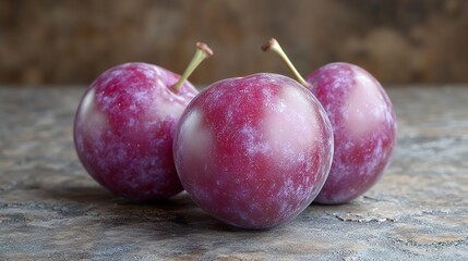 Sticker - Close Up of Three Ripe Plums on a Wooden Table