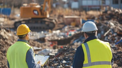 Wall Mural - generate a photo realistic image of waste management experts discussing construction site waste mana
