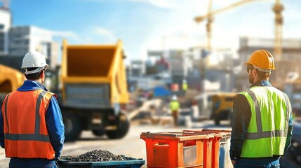 Wall Mural - generate a photo realistic image of waste management experts discussing construction site waste mana