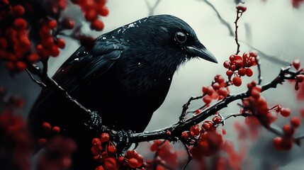 Canvas Print - Black Crow Perched on Branch with Red Berries