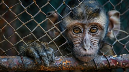 A Young Monkey's Gaze Through the Bars