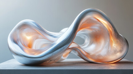 Abstract silver sculpture with a warm glow.