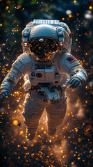 Wall Mural - Astronaut floating in space with glowing particles.