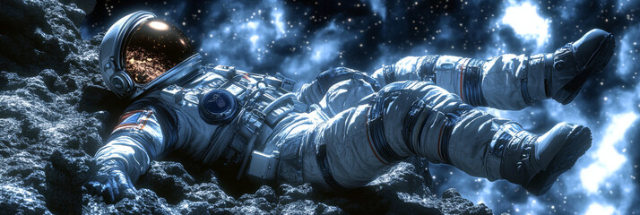 Wall Mural - An astronaut rests on an asteroid against a starry sky.