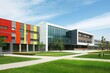 © miss irine - Modern school building with contemporary design. Large playground and field for sports. Academic facility with urban landscape. Blurred background of cityscape.
