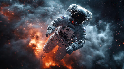 Wall Mural - Astronaut floats in space surrounded by fire and smoke.