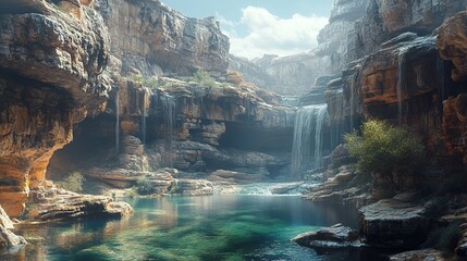 Sticker - Waterfall Canyon: A Serene Landscape