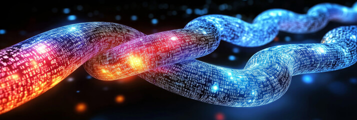 Abstract digital data chain glowing in blue and red.