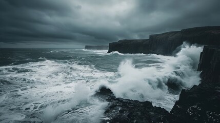 Poster - Dramatic Seascape with Waves and Dark Cloudy Sky