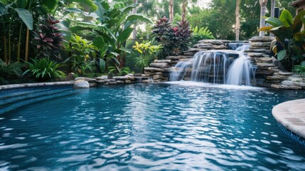 Poster - Serene Backyard Pool with Waterfall and Lush Foliage