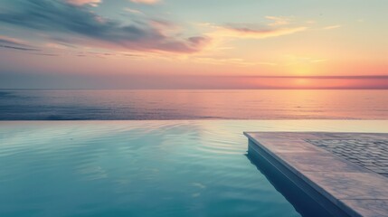 Poster - Serene Sunset Over Calm Ocean with Infinity Pool