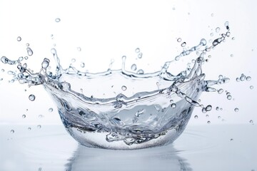 Aufkleber - Splash of water on white background. Droplet of liquid falls on clean surface. Fresh and clear fluid motion. Pure and isolated drink water. Beautiful and natural scene.