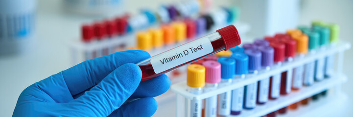 A person is holding a red tube of vitamin D. The tube is labeled with the word vitamin