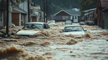 flash floods surging through a town after a dam breaks, sweeping away cars and debris, town flood, w