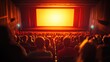 Diverse audience in dim-lit theater watching brightly-lit screen