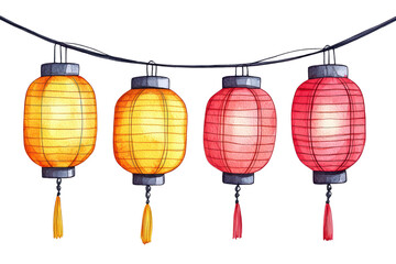 Wall Mural - Colorful paper lanterns hanging in a row, creating a festive ambiance on a dark background. isolated on transparent background.