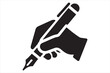 © The Finder - An icon illustrating a hand gripping a pen, write symbol styled as a silhouette vector on a white background.
