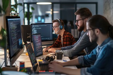 Leinwandbilder - Group of programmers working in office. Caucasians, men and women, sitting at computer desks, coding, discussing projects. Modern office space with monitors, network equipment, and digital displays.