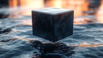 Wall Mural - Floating black cube on water at sunset