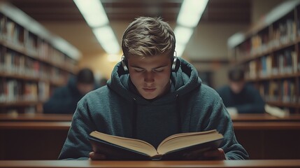 A young man, headphones on, enjoys the quiet escape of a book in the library.