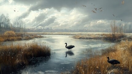 Canvas Print - Tranquil Lake with Birds and Cityscape in the Distance