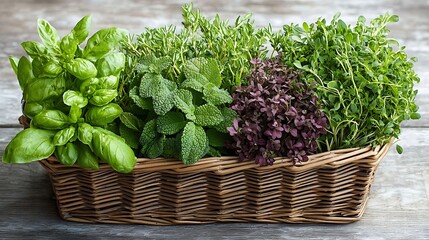 Wall Mural - Fresh herbs like basil, mint, thyme, and chives fill a wicker basket, fragrant and green.