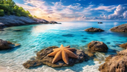 Sunset reflections on a sandy beach featuring a starfish in tranquil seaside beauty