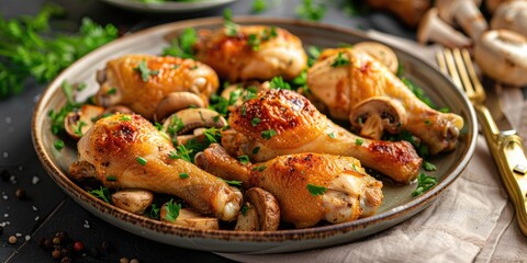 Tasty roasted chicken legs and mushrooms arranged on a dish