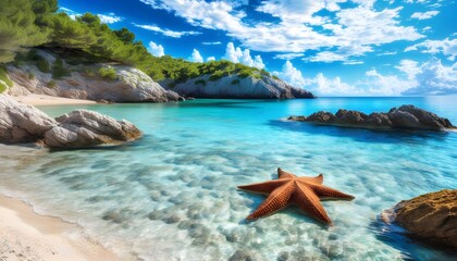 Wall Mural - Sunlit beach with vibrant starfish nestled in warm golden sand