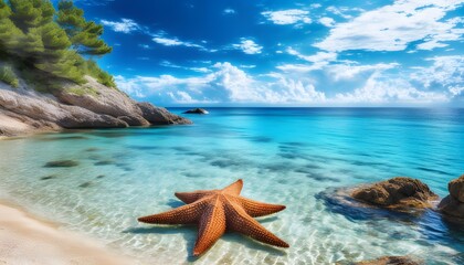 Wall Mural - Sunlit beach with vibrant starfish nestled in warm golden sand