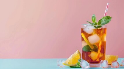 Wall Mural - Iced tea with lemon and mint on pink blue background