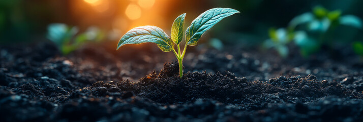 Canvas Print - A small green sprout pushes through the dark soil.