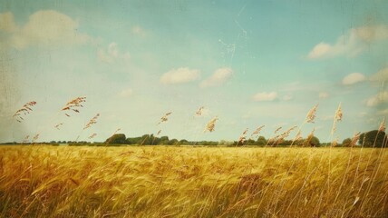 Wall Mural - vintage style image of golden wheat field under cloudy sky