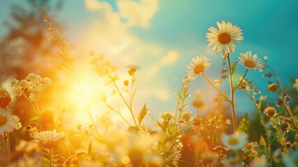 Wall Mural - wildflowers bathing in golden sunlight with blue sky