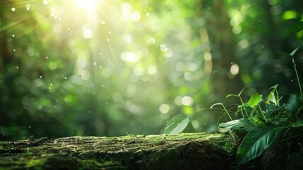 Wall Mural - sunlight beams through lush forest, illuminating vibrant green foliage and moss-covered log