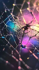 Wall Mural - Photo-realistic extreme close-up of a delicate spider web covered in glistening morning dew, with light reflections creating a stunning rainbow effect. 